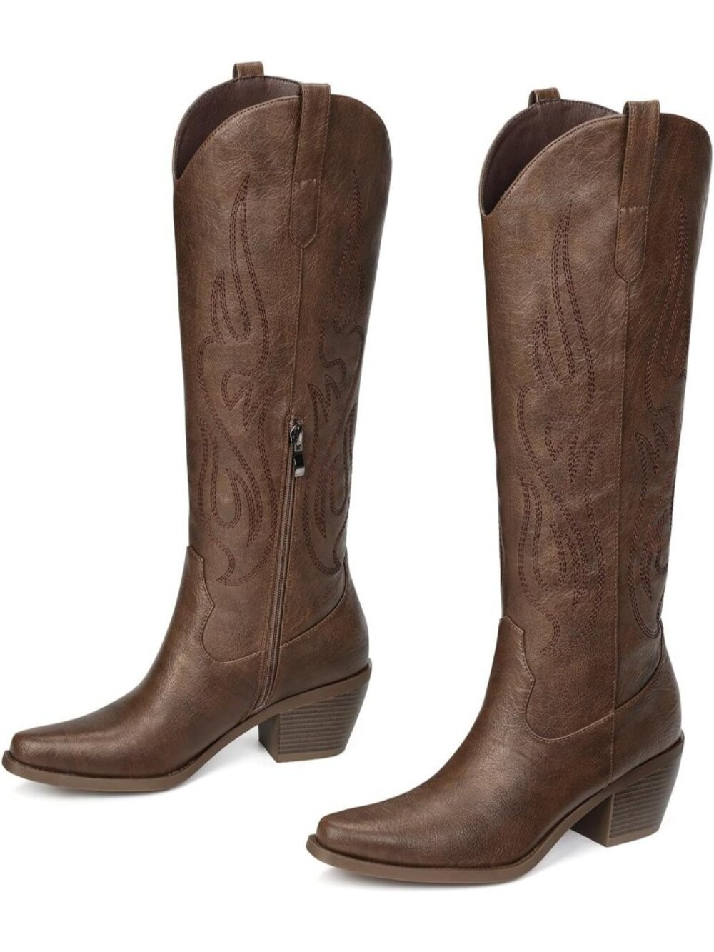 Women's Bronze Pointed Toe Chunky Knee High Wide Calf Western Cowgirl Tall Boot - Picture 5 of 5